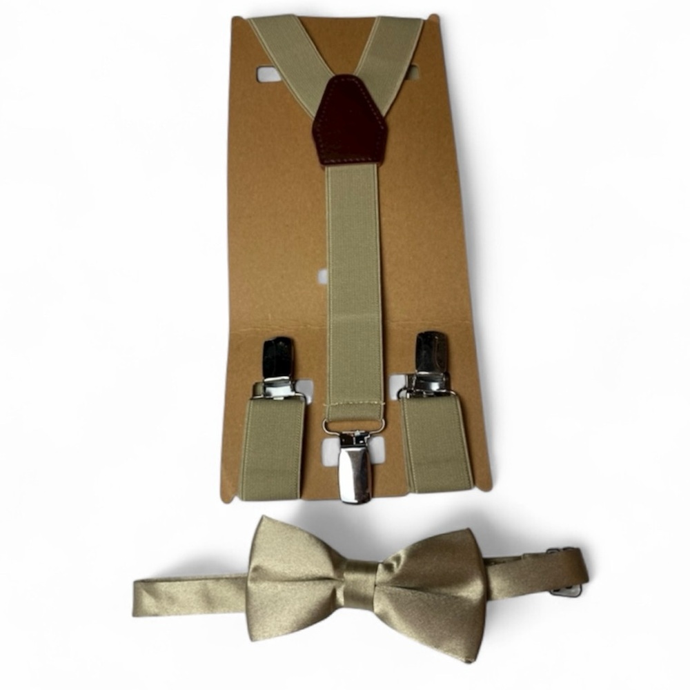 Khaki Tan Suspenders and khaki Bow Tie Set